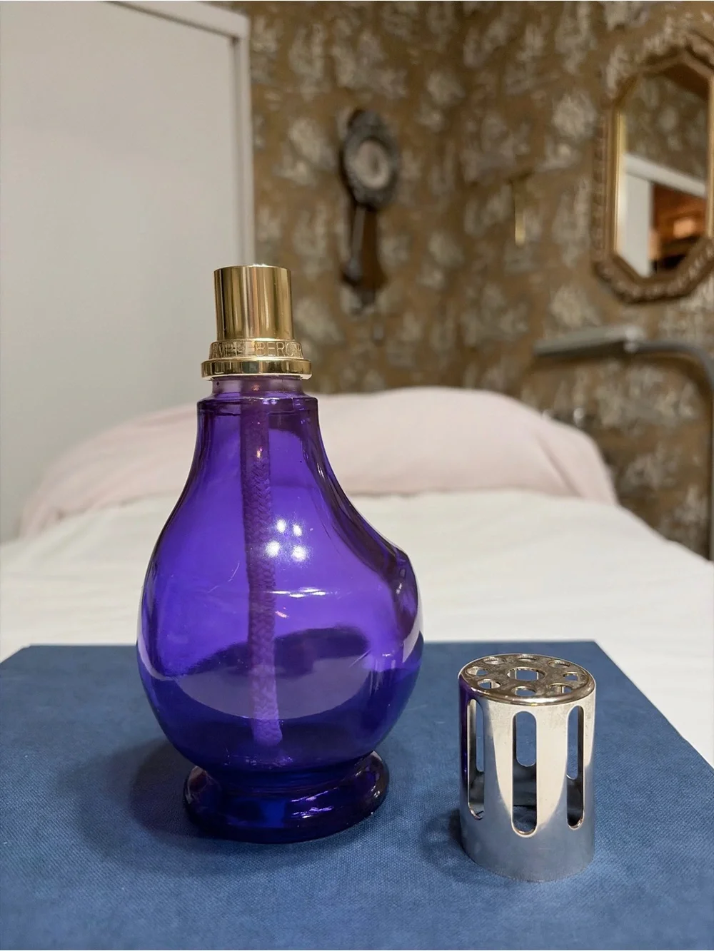 Handblown Royal Purple Glass French Lamp Berger with Gold-Tone Top